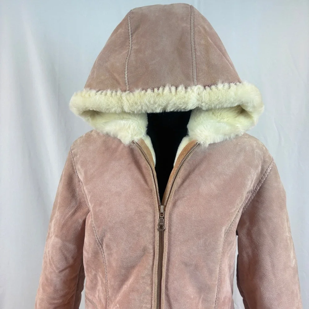 Wilsons Leather Pink Suede‎ Hooded Jacket Faux Fur Shearling Lined Dusty Rose